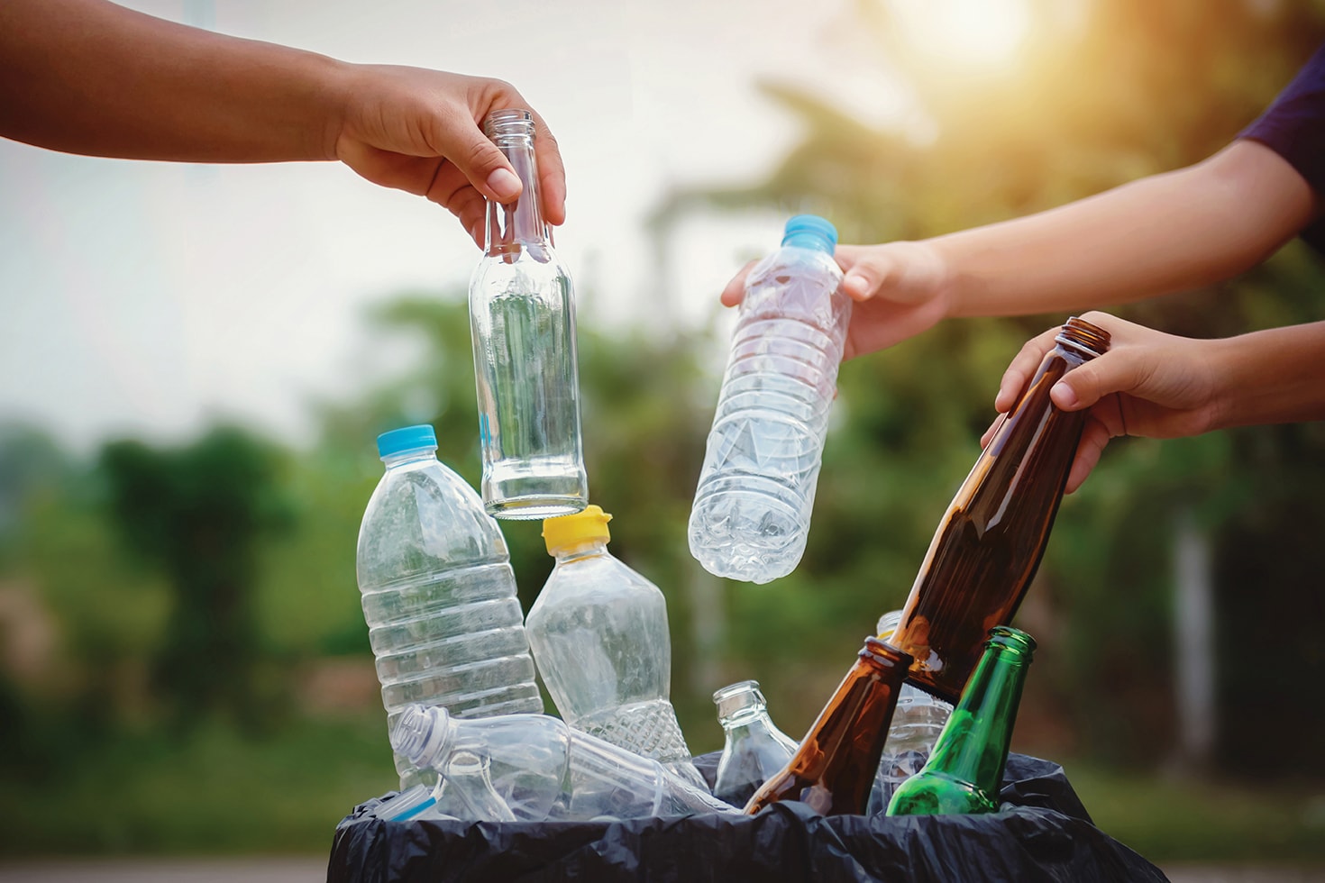 People putting bottles in recycling bin